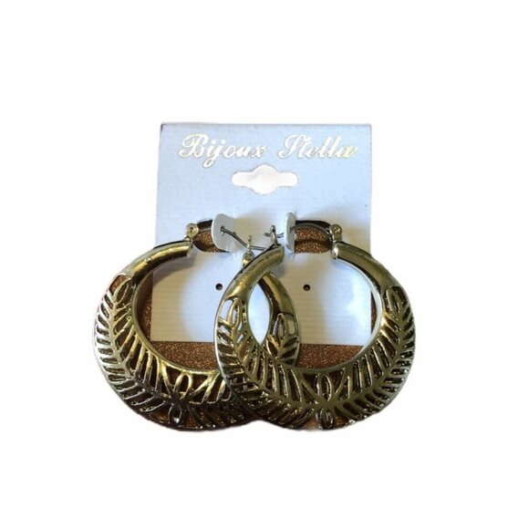 Bijoux Stella Gold Tone Leaf Design Hoop Earrings For Women - Picture 2 of 3